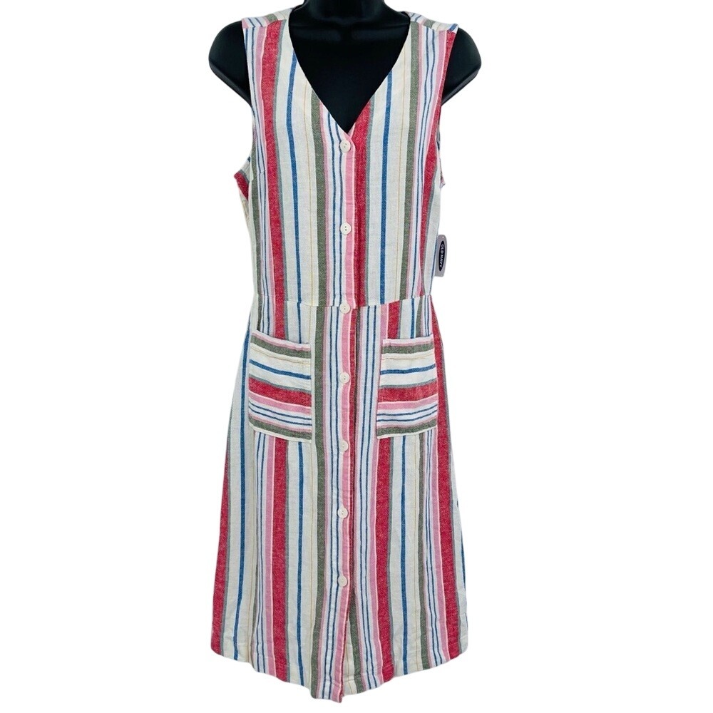 New Old Navy Linen Blend Striped Fit & Flare Dress Womens S Multi Color Preppy